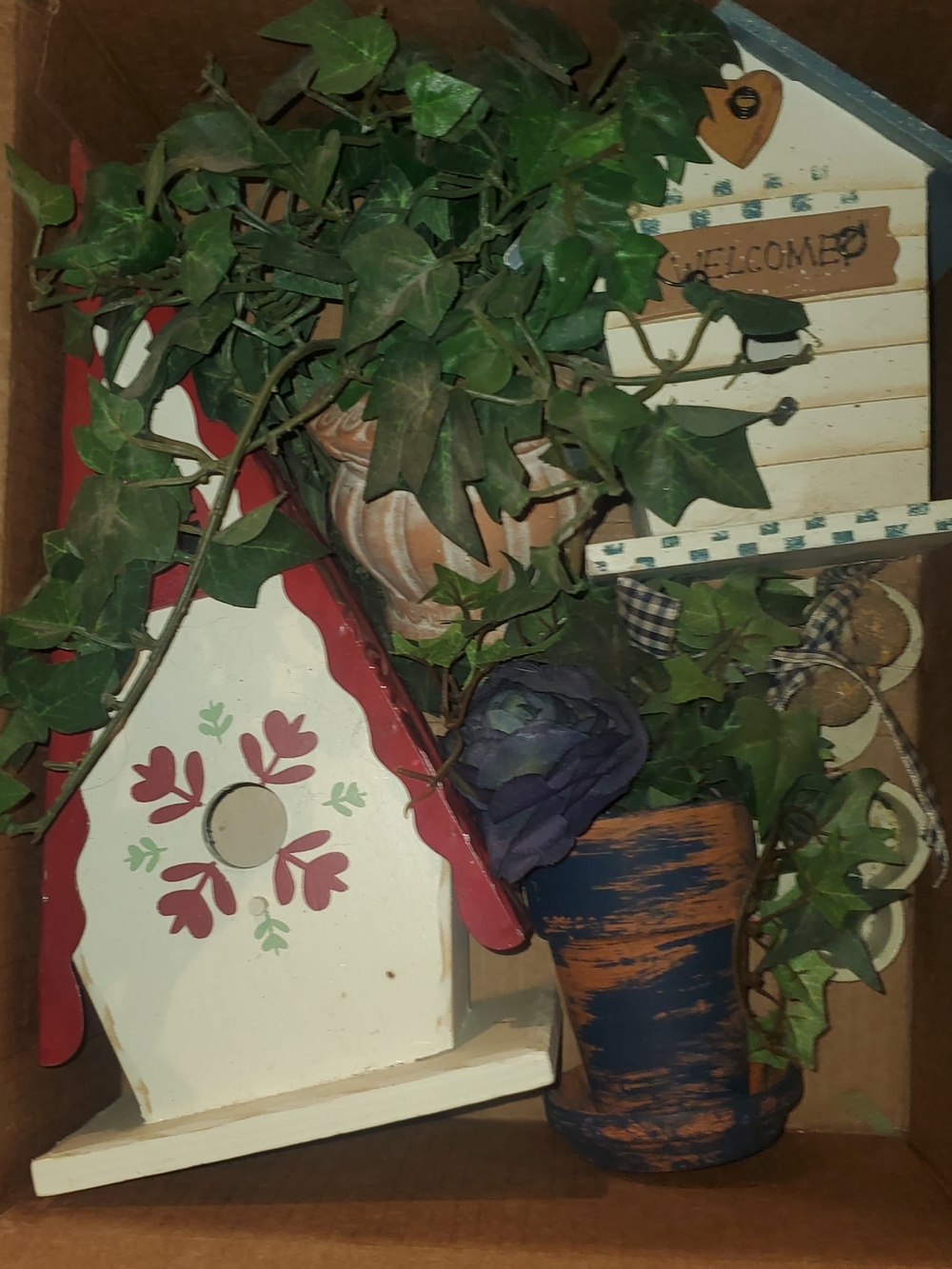 Decorative Folk Birdhouse and Faux Ivy Set - White, Red, Green, Blue